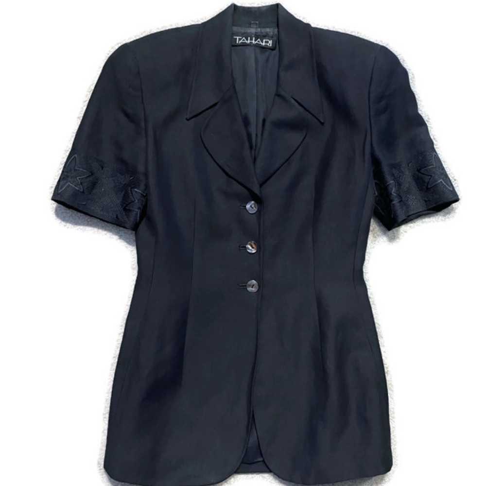 Tahari Summer Suit Black Linen Blend Size 2